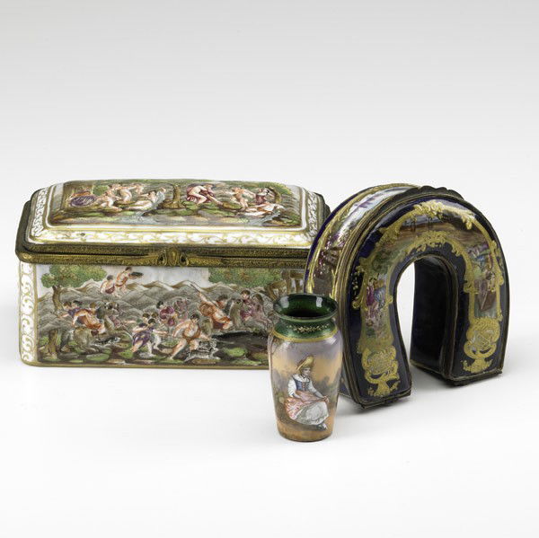 PORCELAIN GROUPING: PORCELAIN GROUPING; Sevres horseshoe-shaped cobalt dresser box, Capodimonte rectangular box and French enamel miniature vase, 19th c.; Largest: 5 1/4'' x 3 1/4'' x 3''