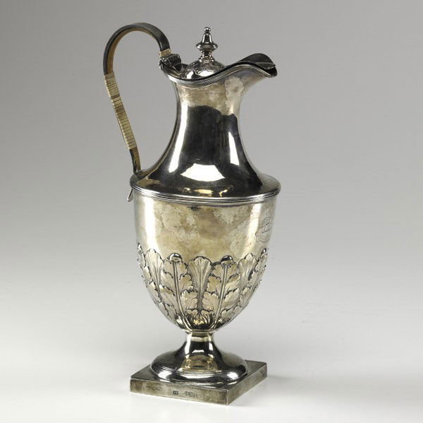 GEORGE III SILVER WINE EWER: GEORGE III SILVER WINE EWER; Sterling in baluster form on square foot, 1780; By John Carter, London; 19 OT, 11''