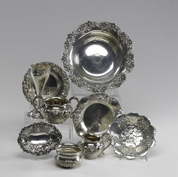 AMERICAN AND ENGLISH STERLING HOLLOWARE: AMERICAN AND ENGLISH STERLING HOLLOWARE; Nine pieces, 19th/20th c.; Mappin and Webb bud vase, Wattle & Son bowl with openwork foliate border, etc.; 38.6 OT, tallest: 6 1/2''