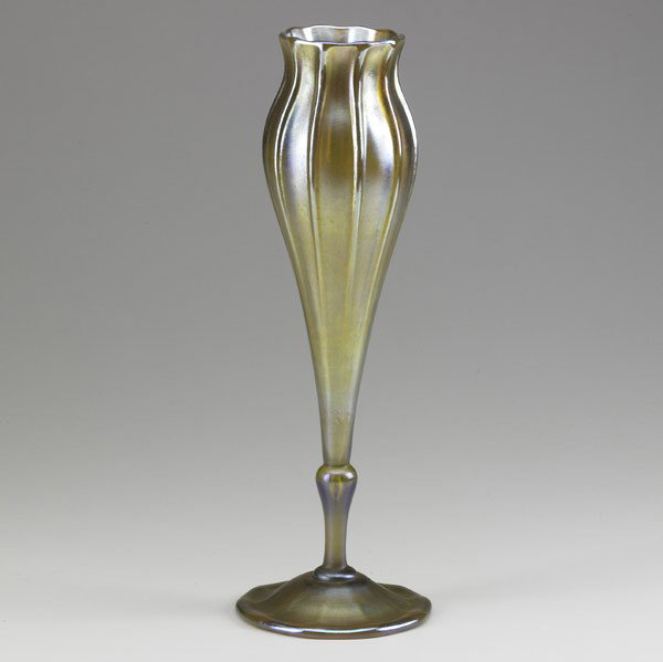 TIFFANY STUDIOS: TIFFANY STUDIOS; Gold Favrile ribbed glass vase with floriform decoration, early 20th c.; Signed L.C. Tiffany Inc. Favrile; 15''