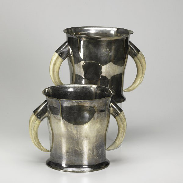 WINE ACCESSORIES: WINE ACCESSORIES; Two Berliner Elektroplate Warenfabrik silver plated wine buckets with horn handles, early 20th c.; 8'' x 10''