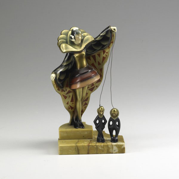 ROLAND PARIS (French,1894-1945): ROLAND PARIS (French, 1894-1945); Cold painted bronze figure of a puppeteer on marble base; Signed; 9 1/2'' x 5'' x 4''