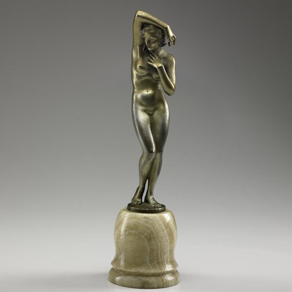 JOSEF LORENZL (Austrian, 1892-1950): JOSEF LORENZL (Austrian, 1892-1950); Gilt bronze of a nude woman on marble base; 3 1/2'' x 13''