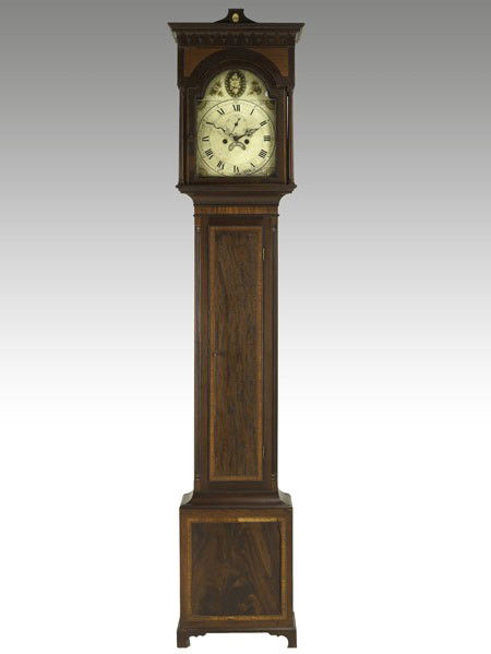 FEDERAL GRANDFATHER CLOCK: FEDERAL GRANDFATHER CLOCK; Mahogany case with inlay, fluted corner columns and bracket feet, dated 1790; 8 day, time strike, calendar and sweep second hand; 96'' x 17 1/2'' x 10''