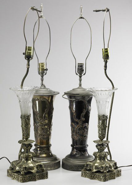 LIGHTING GROUPING: LIGHTING GROUPING; Two pairs, 19th c.; Aesthetic movement silver plate epergnes with etched glass inserts and silverplate vases; All converted to lamps; Tallest: 35''