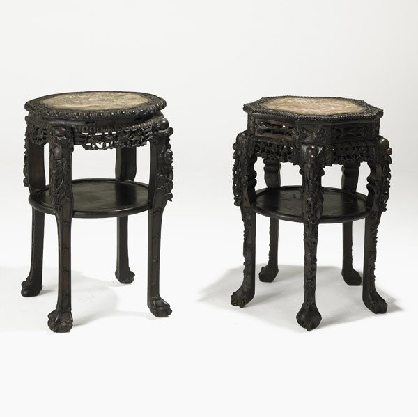TWO CHINESE STANDS: TWO CHINESE STANDS; Teak with marble inserts, ca. 1900; Larger: 32'' x 25'' dia.