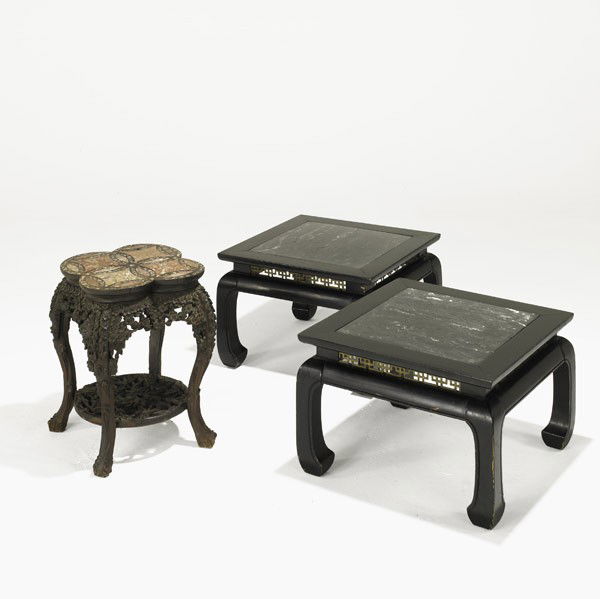 CHINESE TABLES: CHINESE TABLES; Pair of ebonized end tables with marble inserts together with teak tabouret with marble and mother of pearl top, 20th c.; Largest: 14'' x 21 1/2'' sq.