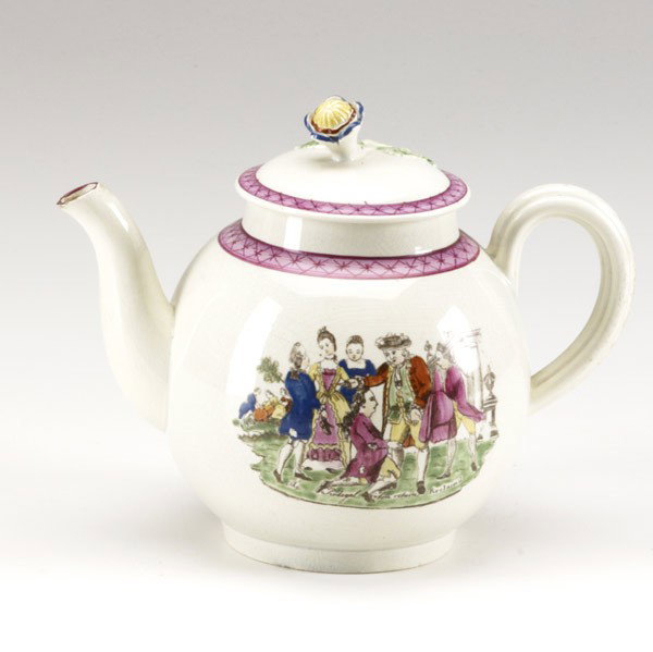 ENGLISH GREATBATCH CREAMWARE: ENGLISH GREATBATCH CREAMWARE; Teapot with Prodigal Son transfer decoration, 18th c.; 5 3/4''