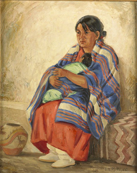 ILA MAE MCAFEE (American, 1897-1995): ILA MAE MCAFEE (American, 1897-1995); Oil on masonite of a Native American woman (framed); Signed; 20'' x 16''