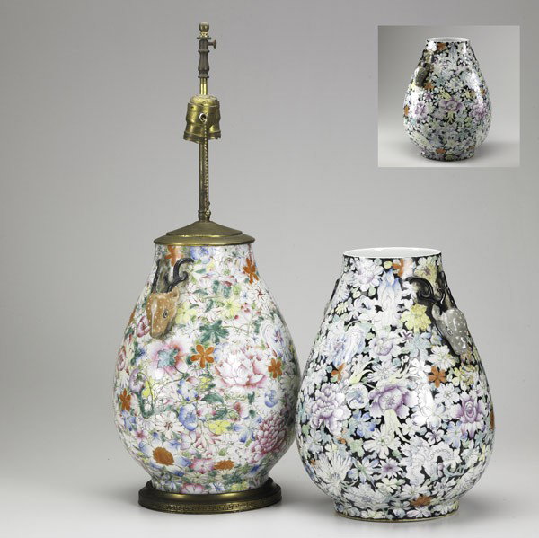 CHINESE PORCELAIN JARS: CHINESE PORCELAIN JARS; Three, all with floral decoration and deer head handles, 19th/20th c.; One mounted as a lamp; 14''