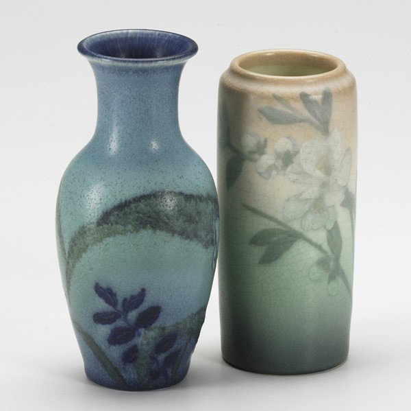 KATARO SHIRAYAMADANI/ELIZABETH LINCOLN/ROOKWOOD: KATARO SHIRAYAMADANI; ELIZABETH LINCOLN; ROOKWOOD; Two Vellum vases with floral decoration, Shirayamadani 1932, Lincoln 1908; Taller: 7 1/4''