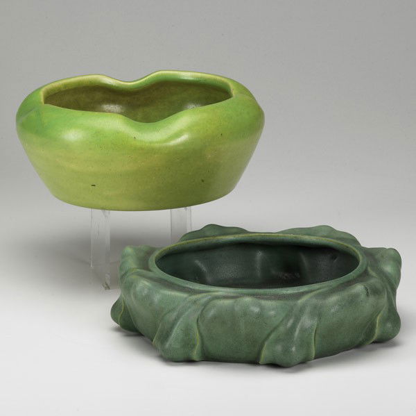 TECO: TECO; Low bowl in dark matte green, together with a similar low bowl; Teco marked, the other initialed M.C.H; Larger: 9 1/4'' x 2 1/2''