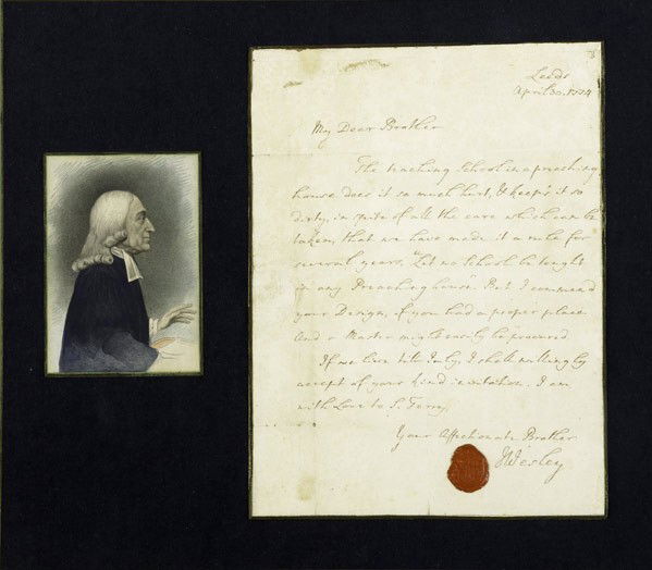 JOHN WESLEY AUTOGRAPHED LETTER: JOHN WESLEY AUTOGRAPHED LETTER; Written to his ''dear brother'', April 30, 1774 in Leeds, England (framed with engraving); Signed J. Wesley with seal; Charles Hamilton authentication on reverse; Lette