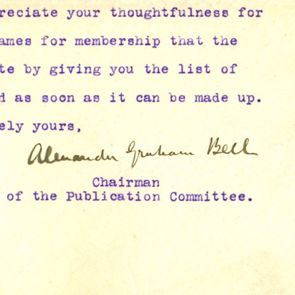 ALEXANDER GRAHAM BELL, ETC.: ALEXANDER GRAHAM BELL AUTOGRAPH, ETC.; Typed letter and clipped signature by Bell together with clip signatures of Hudson Maxim, Aristide Briand, Sir Thomas Lipton and Harry Lauder