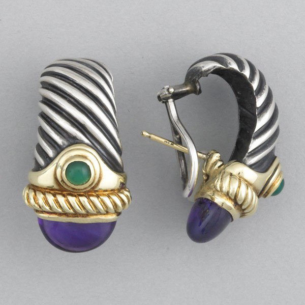 DAVID YURMAN GOLD AND STERLING EARRINGS: DAVID YURMAN GOLD AND STERLING EARRINGS. Amethyst and emeralds in 14k yg and sterling. 16.5 gs. GW, 1 1/8'' long