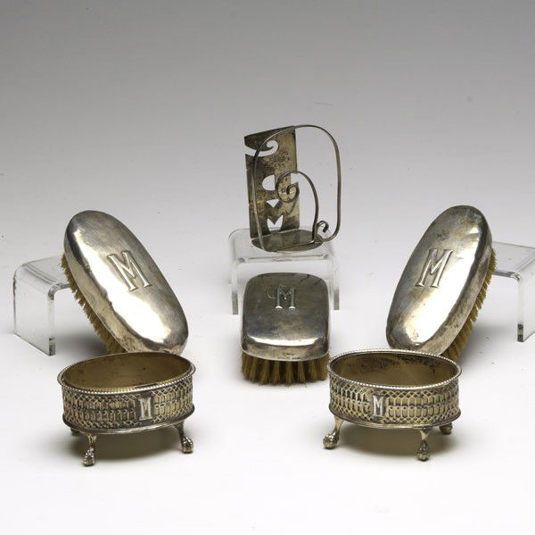 KALO AND OTHER AMERICAN STERLING: KALO AND OTHER AMERICAN STERLING. Six pieces: Two Kalo silver salt cellars with applied initial ''M'', 1 3/4'' x 3 1/3'' x 2 1/2''; two oblong Kalo brushes with applied initial ''M'', 5'' x 2''; one r