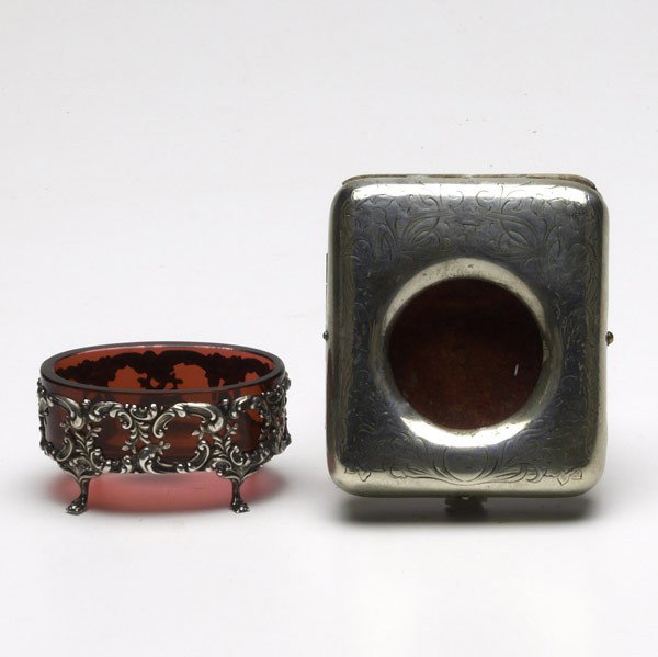 AMERICAN STERLING: AMERICAN STERLING. Two pieces: Gorham silver mounted pocket watch case; Wallace footed master salt with cranberry/glass insert. Taller: 3 3/4''