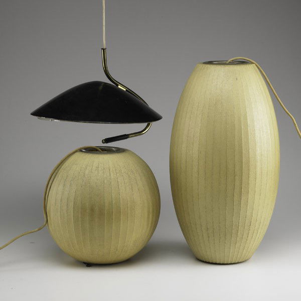 GERORGE NELSON / HOWARD MILLER: GERORGE NELSON; HOWARD MILLER; Two bubble lamps: round and cigar shaped, both labeled together with Lightolier black enamel and brass wall sconce; Cigar shaped: 22'' x 10'' dia.