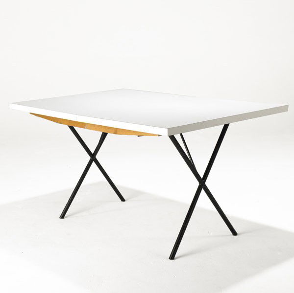 GEORGE NELSON / HERMAN MILLER: GEORGE NELSON; HERMAN MILLER; Laminate and enameled steel extension dining table; Unmarked; 29'' x 54'' x 36'', leaf: 18''