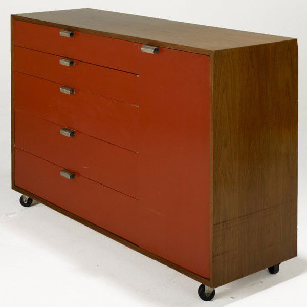 GEORGE NELSON / HERMAN MILLER: GEORGE NELSON; HERMAN MILLER; Walnut, enamel and zinc plated steel dresser; Foil label; 37 1/2'' x 56 1/4'' x 19 1/2''