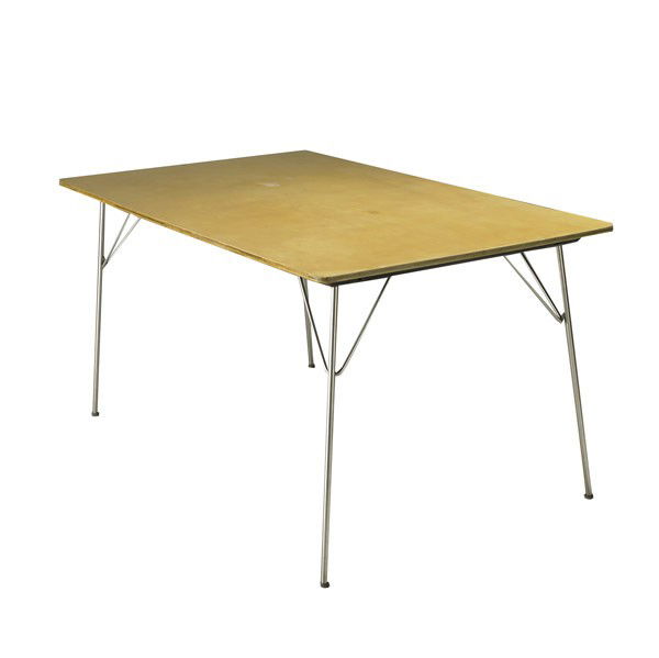 CHARLES & RAY EAMES / HERMAN MILLER: CHARLES & RAY EAMES; HERMAN MILLER; Birch laminate and zinc-plated steel (DTM) dining table; Foil label; 29'' x 54'' x 34''