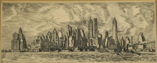 REGINALD MARSH (American, 1898-1954): REGINALD MARSH (American, 1898-1954); Etching, ''N.Y. Skyline,'' 1936-37 (framed); Initialed and dated in plate; 5 7/8'' x 14 7/8'' (plate); Publisher: American Artists Group, New York