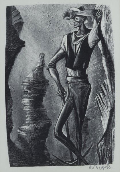 ASSOCIATED AMERICAN ARTISTS: ASSOCIATED AMERICAN ARTISTS; Six prints (framed); William Gropper (American, 1897-1977) lithograph, ''Finn McCool''; Churchill Ettinger (American, 1903-1984) etching, ''Skiers''; Richard Florsheim (Am