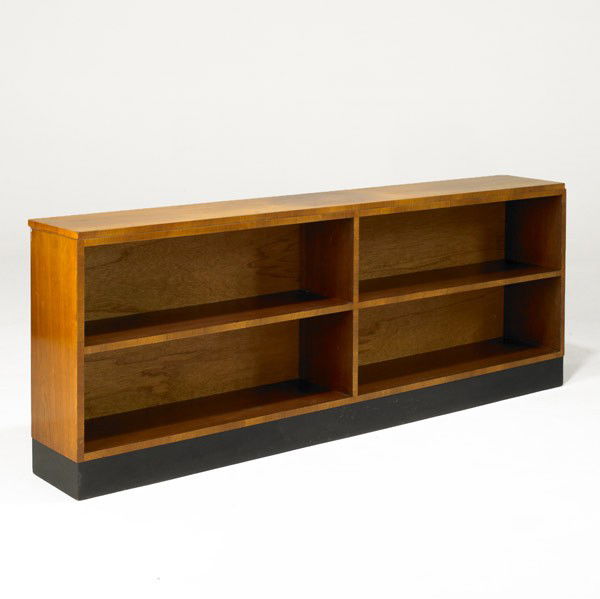 GILBERT ROHDE / HERMAN MILLER: GILBERT ROHDE; HERMAN MILLER; Paldao and enameled wood bookcase; Unmarked; 27'' x 72'' x 11''