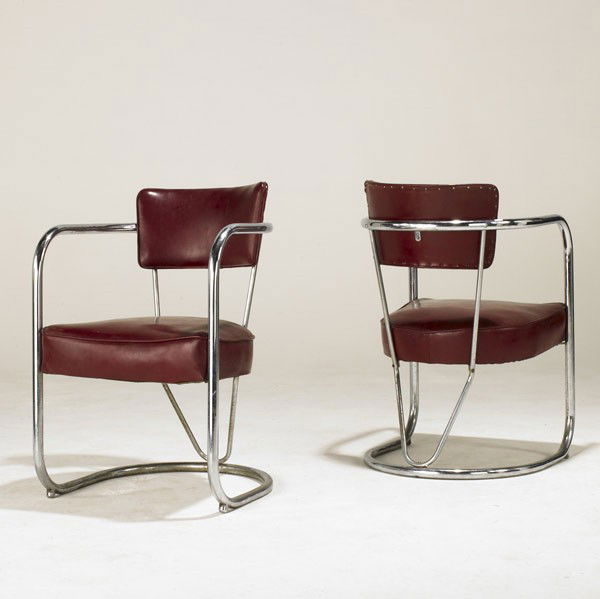 GILBERT ROHDE / HOWELL: GILBERT ROHDE; HOWELL; Pair of chromed tubular steel and leatherette chairs; Unmarked; 30 3/4'' x 20 1/2'' x 22''