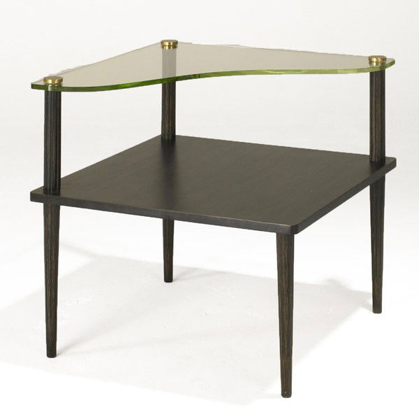 GILBERT ROHDES / HERMAN MILLER: GILBERT ROHDE; HERMAN MILLER; Oak, glass and brass corner table; Unmarked; 27'' x 29'' x 29''