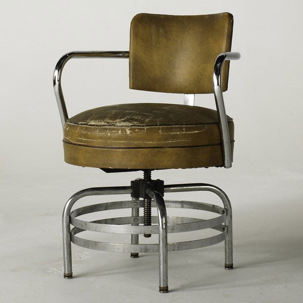 STYLE OF GILBERT ROHDE: STYLE OF GILBERT ROHDE; Tubular chromed steel and leatherette swivel arm chair; Royalchrome foil label; 32'' x 23'' x 25''