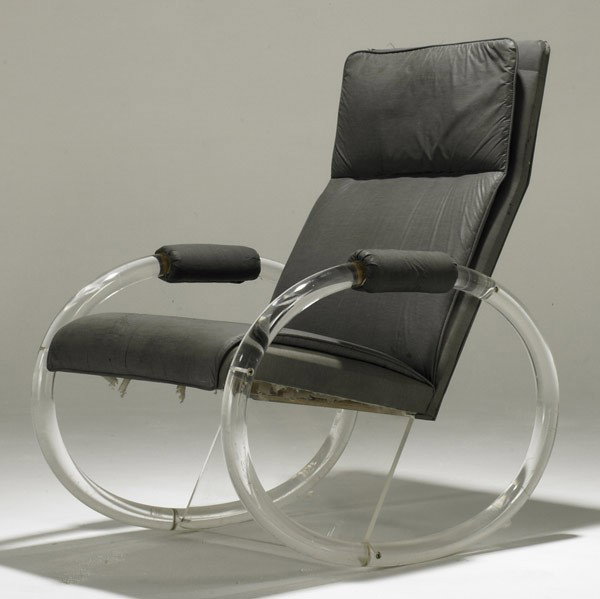 CHARLES HOLLIS JONES (Attr.): CHARLES HOLLIS JONES (Attr.); Lucite rocking chair; Fabric label Hill Manufacturing; 37'' x 25'' x 33''