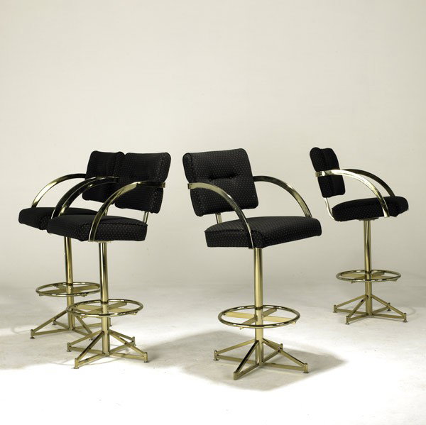STYLE OF MILO BAUGHMAN: STYLE OF MILO BAUGHMAN; Brass and upholstered bar stools; Unmarked; 45'' x 20'' x 23''