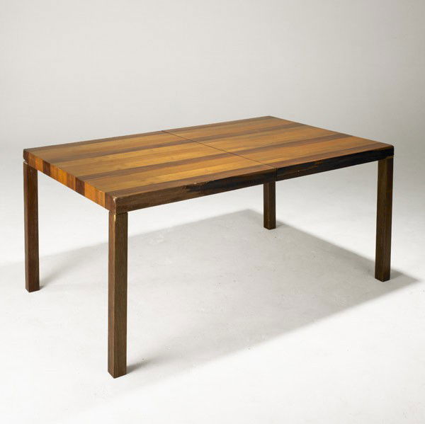 MILO BAUGHMAN / THAYER COGGIN: MILO BAUGHMAN; THAYER COGGIN; Rosewood, walnut and mahogany dining table, no leaves; Unmarked; 28'' x 65'' x 39''
