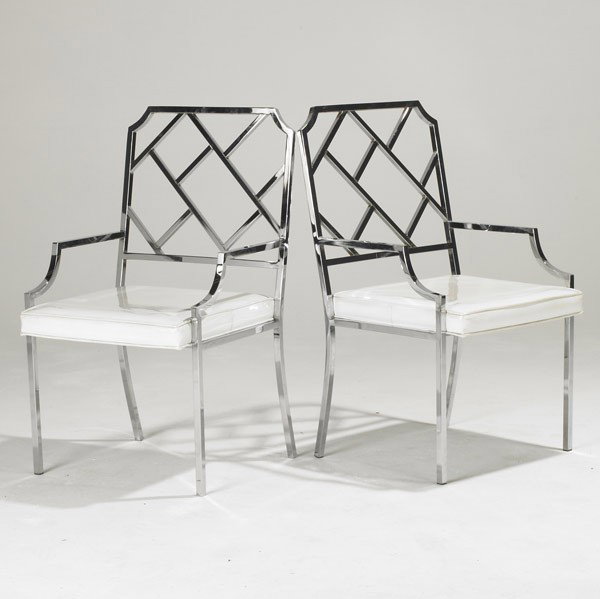 MILO BAUGHMAN (Attr.): MILO BAUGHMAN (Attr.); Pair of chromed steel armchairs; Unmarked; 38'' x 21 1/2'' x 23''