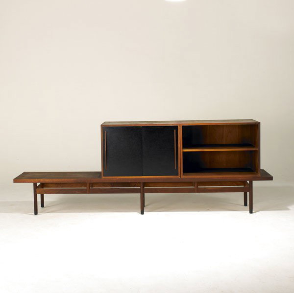 MILO BAUGHMANN / GLENN OF CALIFORNIA: MILO BAUGHMANN; GLENN OF CALIFORNIA (Attr.); Walnut and lacquered Masonite bench, storage units and two modular cabinets; Unmarked; Bench: 14 1/2'' x 86'' x 18'', cabinet: 20'' x 29'' x 18''