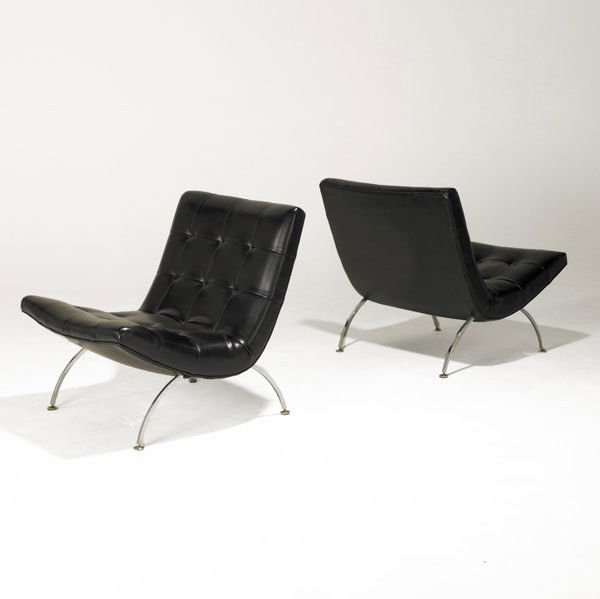 MILO BAUGHMAN / THAYER COGGIN: MILO BAUGHMAN; THAYER COGGIN; Pair of leatherette and chromed steel lounge chairs; Unmarked; 28'' x 27'' x 31''