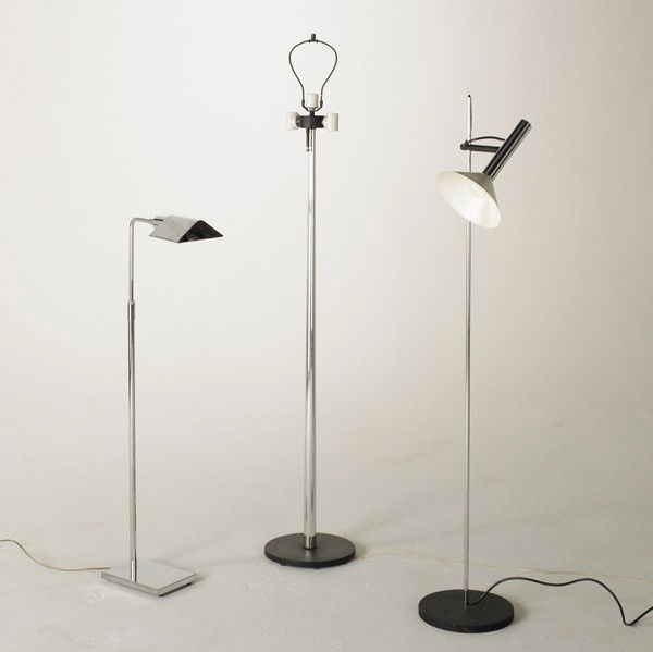 KOCH & LOWY, ROBERT SONNEMAN, GEORGE KOVACS: KOCH & LOWY, ROBERT SONNEMAN, GEORGE KOVACS; Group of three chromed steel and metal floor lamps; Tallest: 63'' x 11 1/4'' dia.