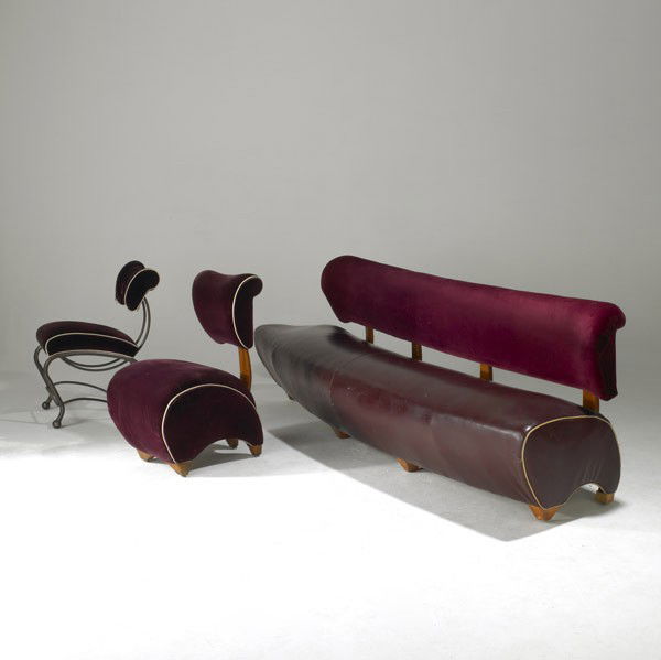 JORDAN MOZER: JORDAN MOZER; Curved sofa and two chairs; Unmarked; Sofa: 33'' x 105 1/2'' x 23'', bronze chair: 31 1/2'' x 18'' x 21 1/2'', wood chair: 34'' x 21'' x 23''