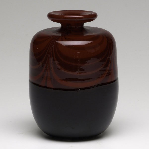 JOEL PHILLIP MEYERS: JOEL PHILLIP MEYERS; Bottle shaped glass vase with feather pull decoration; Signed and dated 1970: 6 1/4'' x 4 1/4''