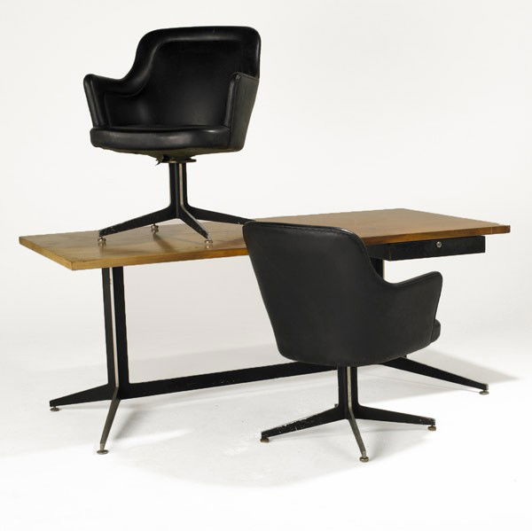 WARD BENNETT / BRICKEL: WARD BENNETT; BRICKEL; Rosewood and aluminum desk together with a pair aluminum and leatherette armchairs: Desk: 28 1/2'' x 72'' x 36'', armchairs: 33'' x 25 1/2'' x 27''