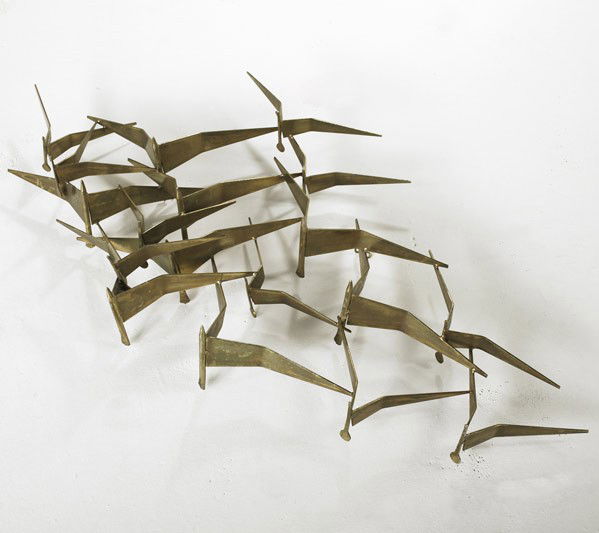 C. JERE / ARTISAN HOUSE: C. JERE; ARTISAN HOUSE; Brass Seagulls wall sculpture, 1980; Signed and dated; 20'' x 48'' x 6''
