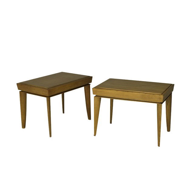 PAUL LASZLO / BROWN & SALTMAN: PAUL LASZLO; BROWN & SALTMAN; Pair of oak sofa tables; Decal; 21'' x 29'' x 19''