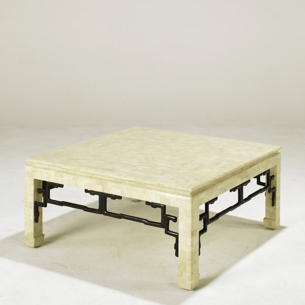 MAITLAND SMITH: MAITLAND SMITH; Tessellated coral and bronze low coffee table; Brass label; 16 1/2'' x 36 1/4'' sq.
