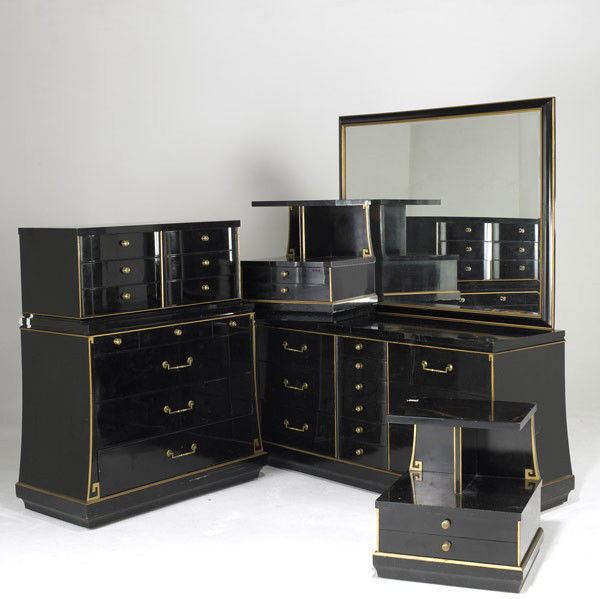 STYLE OF JAMES MONT: STYLE OF JAMES MONT; Black and gold lacquer bedroom set includes long dresser with mirror, tall dresser, pair of nightstands and full-sized head and footboards (not pictured); Marked Selig Modern; Lon
