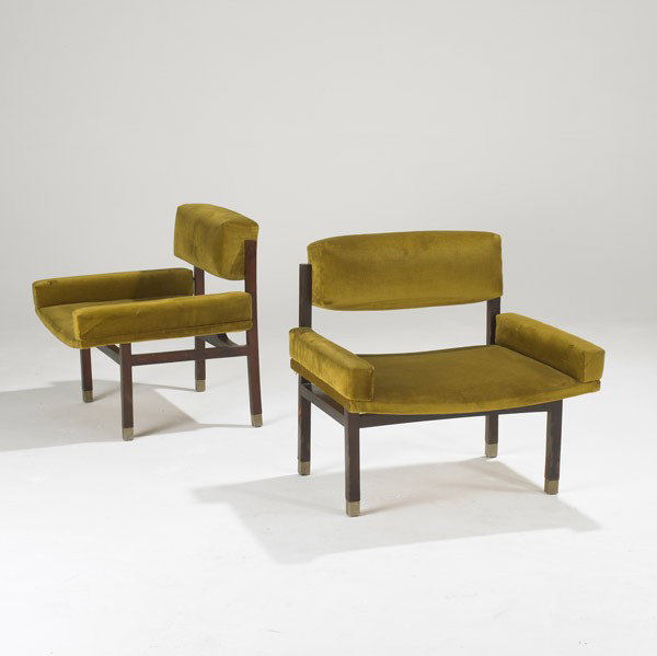 HARVEY PROBBER: HARVEY PROBBER; Pair of mahogany and brass lounge chairs; Unmarked; 27'' x 28'' x 24''