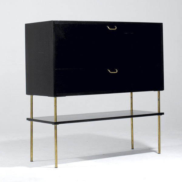 HARVEY PROBBER: HARVEY PROBBER; Ebonized mahogany and brass bar cabinet; Metal label; 44'' x 42'' x 19''