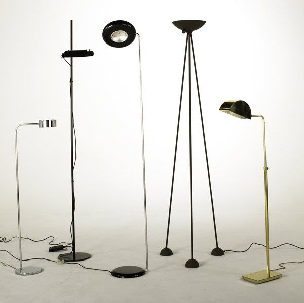 KOCH & LOWY, RAYMOR, ETC.: KOCH & LOWY, RAYMOR, ETC.; Five floor lamps, halogen and incandescent; Tallest: 73'' x 19'' dia.