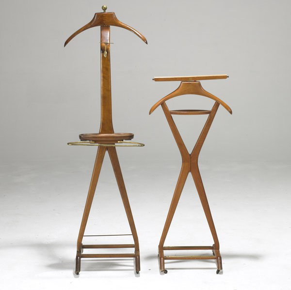 ICO & LOUISA PARISI: ICO & LOUISA PARISI; Italian walnut and brass valets; Both stamped Made in Italy; Taller: 57'' x 16'' x 16''