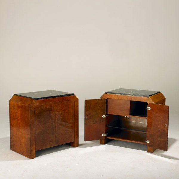ALDO TURA (Attr.): ALDO TURA (Attr.); Pair of lacquered parchment, marble and glass two-door cabinets, each with open compartment along sides; Unmarked; 31'' x 32'' x 20 1/2''
